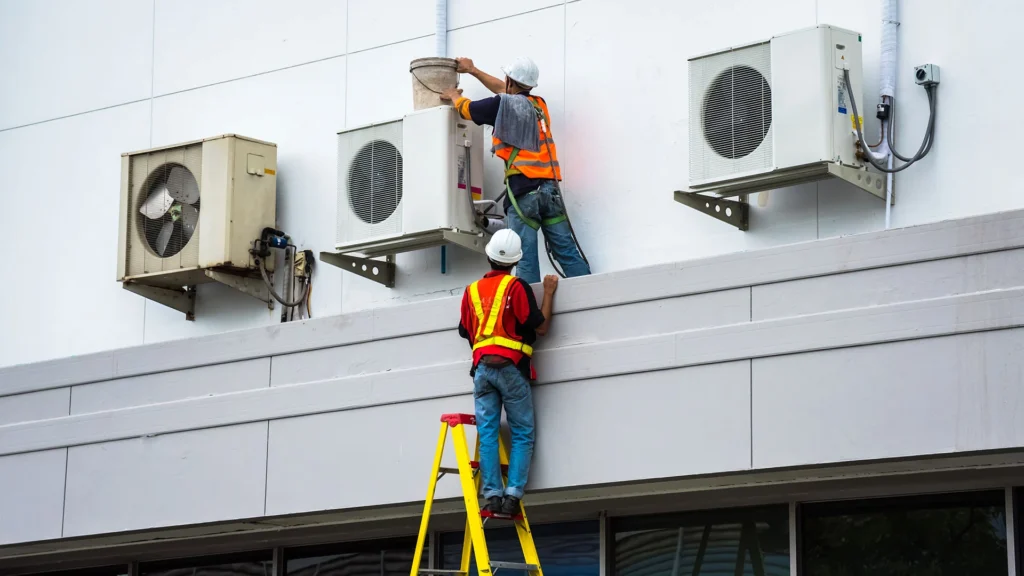 hvac technicians on ledge working on units orem ut