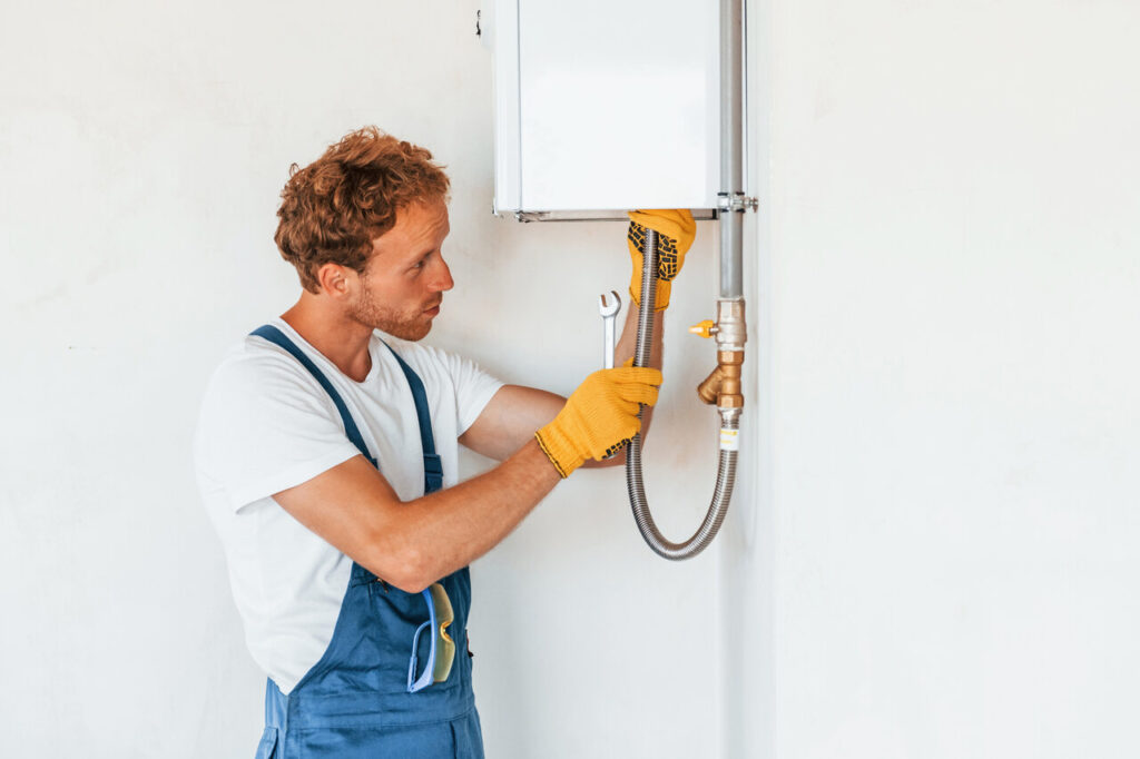 A man wearing overalls and gloves repairs a water heater, demonstrating hands-on maintenance skills.